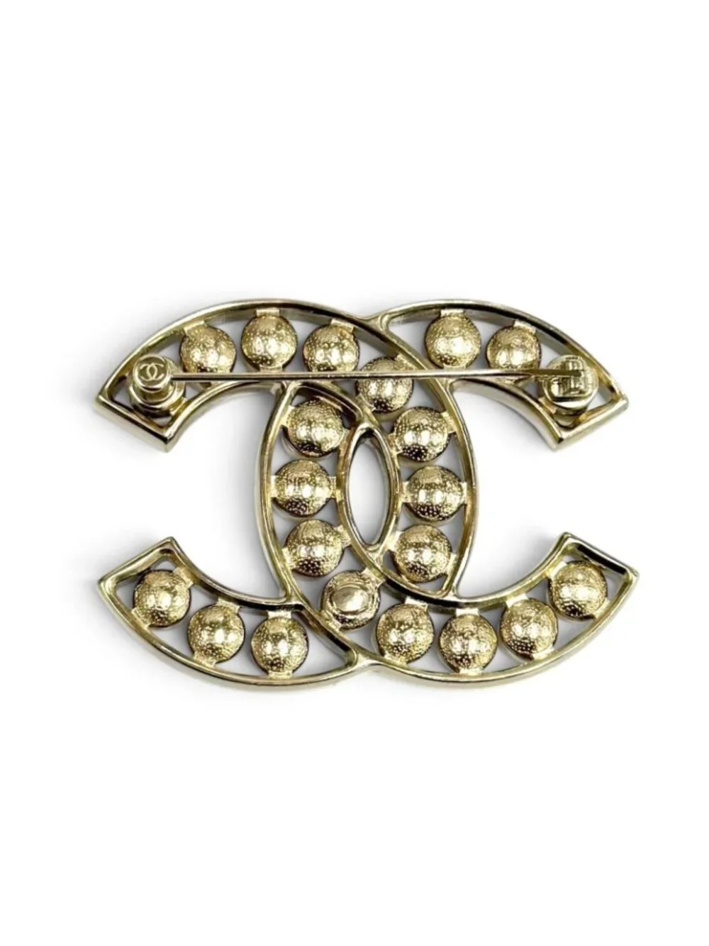 Chanel CC Logo Faux Pearl Brooch White Gold